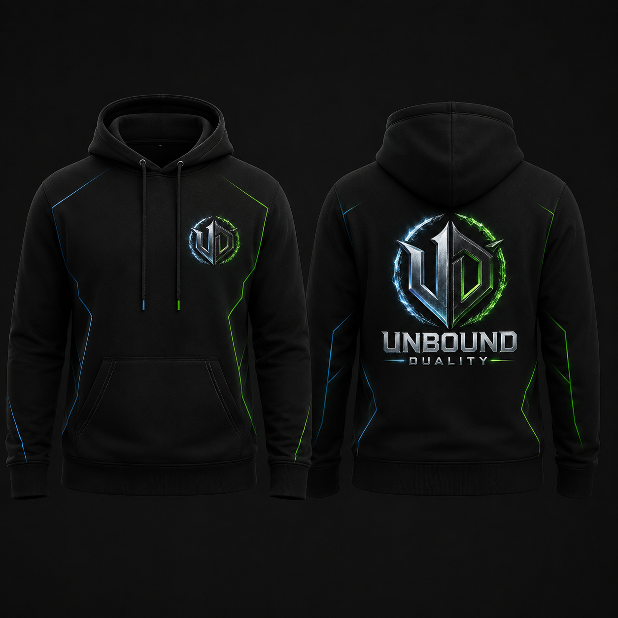 Front and back of the official black Unbound Duality Esports hoodie